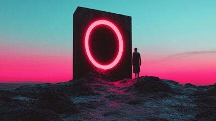 A figure stands before a large neon circle in a surreal landscape, representing an abstract notion of existence and the intersection of reality and fantasy.