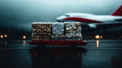 Heavy rain creates a dramatic atmosphere as a cargo trolley loaded with packages moves swiftly across a wet airport runway, showcasing the importance of logistics in aviation.