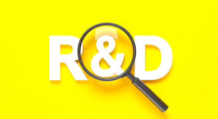 A magnifying glass over the r and d letters on a yellow background concept for research and development