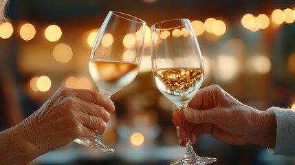 Two hands clinking wine glasses in a celebratory toast, surrounded by lively bokeh lights creating a warm and festive atmosphere for joyous occasions.