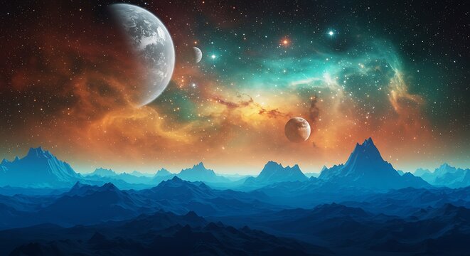 Fantasy alien planet with two moons, glowing blue mountains, and colorful sky full of stars surreal and imaginative space landscape