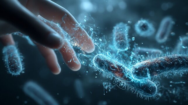 Germ transfer by touch concept showing microscopic bacteria moving from hand to surface cross contamination visualization