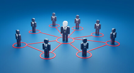 A network of stick figures connected by red lines with one figure having a white head on blue background