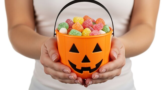 Halloween Treat: A person holds a vibrant orange jack-o'-lantern bucket overflowing with colorful candy, capturing the essence of spooky season joy.