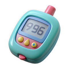 Cute cartoon glucose meter with digital display showing 996 isolated on transparent background