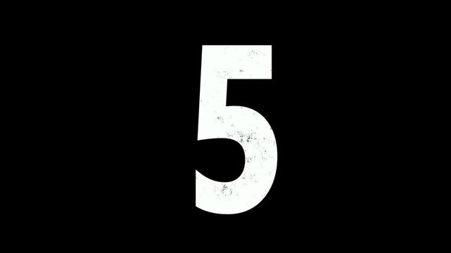 White number five 5 with animated black noise film grain effect on a black background