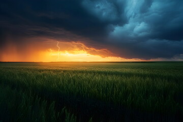 Fototapeta premium dramatic sunset over the field, thunderstorm,