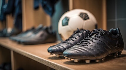 Sports equipment arrangement: soccer ball and cleats on a shelf, ready for the game. Sports gear on wooden shelf in changing room.