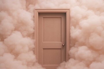 Closed wooden door surrounded by fluffy pink clouds for dreamlike and surreal themes