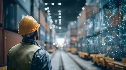 Logistics worker overseeing shipping container operations with digital interface for data, tracking, and communication in the transportation sector.