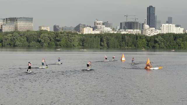 SUP boarders training on the water, competitions, Stroginsky Zaton, Moscow