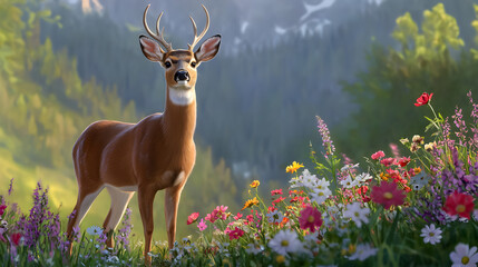 Deer standing gracefully sunlit meadow surrounded by colorful flowers and lush greenery, with mountain background and peaceful