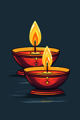 Two Traditional Oil Lamps with Flames on a Dark Background
