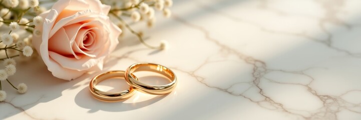 Elegant romantic composition of 14karat gold wedding rings beside a pale pink rose and babys breath on a creamy marble surface