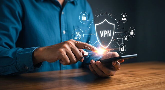 A person using a smartphone with a vpn shield and security icons overlayed on the screen image shot