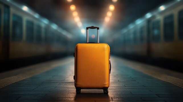 A striking yellow suitcase sits alone on a train platform illuminated by hazy light, evoking feelings of anticipation and solitude in a traveler’s journey. - Powered by Adobe