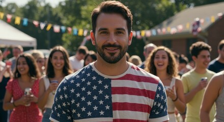Fototapeta premium Man smiling in American flag shirt at outdoor celebration party 