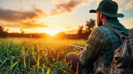 A contemplative hunter sits peacefully in a field at sunset, silhouette against the vibrant sky, embodying the spirit of nature, solitude, and the thrill of the hunt.
