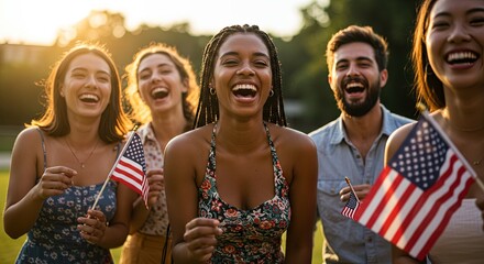 Group of diverse friends celebrating with American flags outdoors