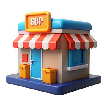 Cartoon 3d storefront building with sbp sign isolated on transparent background