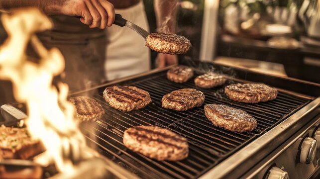 Man flipping burgers on a hot grill with flames in outdoor setting   - Powered by Adobe