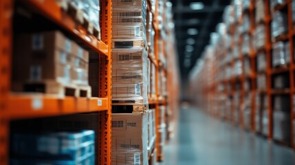 A well-organized warehouse filled with neatly arranged pallets, showcasing efficient storage solutions and the structured environment of modern logistics operations.