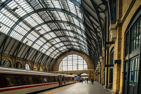 LONDON, UK - APRIL 29: Eurostar train on APRIL 29, 2024. Eurostar train locomotive at St. Pancras station in London, UK.