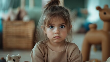 Fototapeta premium An adorable young girl with big, expressive eyes sits quietly, lost in thought, embodying innocence and curiosity in a warm, playful environment surrounded by toys.