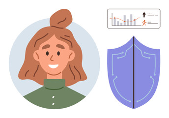 Smiling woman portrait, digital shield representing security, and analytics chart showcasing activity. Ideal for cybersecurity, personal safety, privacy, technology, health data, monitoring trends