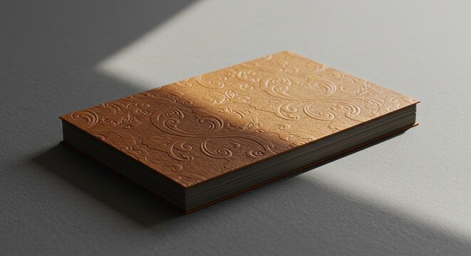 Elegant leather-bound book with embossed cover on neutral background  