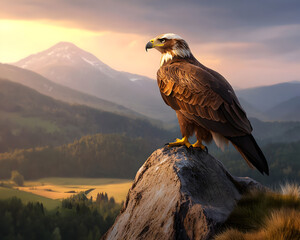 Fototapeta premium Majestic eagle perched on rocky outcrop overlooking lush green valley with mountain backdrop at sunset