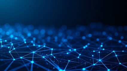 Obraz premium Digital abstract network of interconnected lines and nodes on a deep blue gradient background featuring geometric shapes and glowing elements