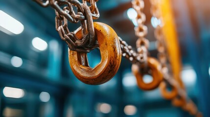 This close-up image showcases rusty heavy chains with yellow circular links, emphasizing the strength and durability of industrial materials in a blue-toned environment.