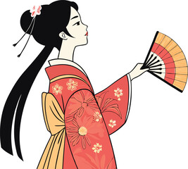Timeless Beauty: Minimalist Geisha in Black and Red Kimono, Captured in Japanese Line Art