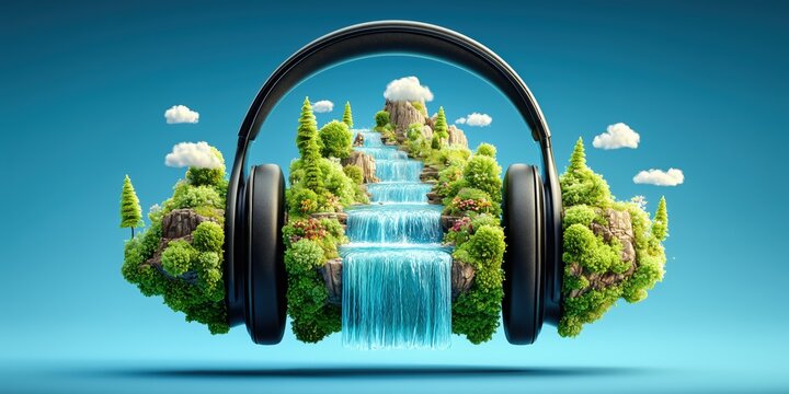 Immersive nature headphones with floating island and waterfall for eco audio branding.