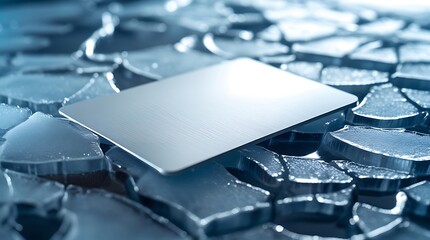 A detailed, professional photograph of a sleek, blank silver credit card, devoid of any text, logos, or markings, lying flat on a cracked, translucent ice surface.