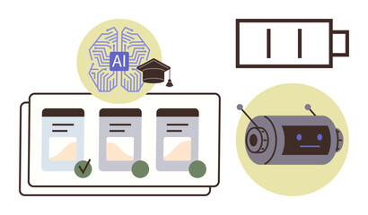 AI with circuits and graduation cap, checklist, full battery, robot head. Ideal for technology, innovation, education, automation energy robotics data science. Simple flat metaphor