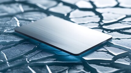 Highly detailed, professional photograph of a sleek, blank silver credit card, devoid of any text, logos, or markings, lying flat on a cracked, translucent ice surface.