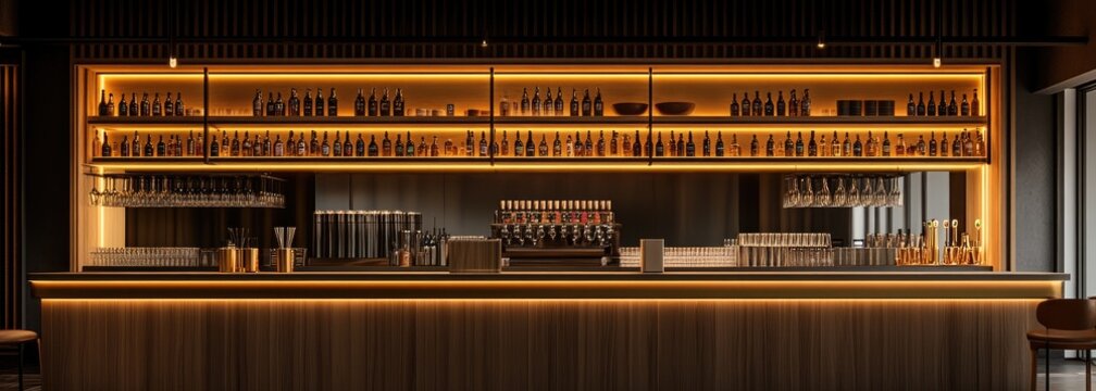 Modern bar with warm lighting and stocked shelves - Powered by Adobe