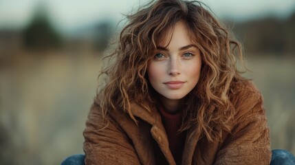 A captivating close-up portrait of a woman radiating natural beauty and warmth, set in a cozy outdoor environment that reflects her personality and charm.