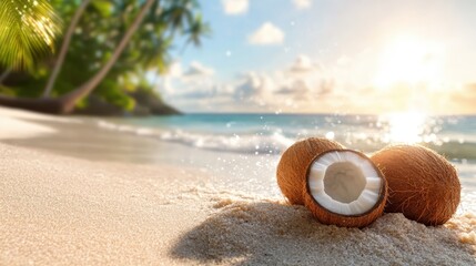 Obraz premium This image captures two halved coconuts on a sandy beach, evoking the tranquility of a tropical paradise, with a vibrant ocean and lush palms in the background.