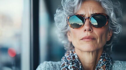A poised older woman gazes confidently from behind oversized sunglasses, showcasing her silver curls and chic scarf in a bright, atmospheric setting, embodying elegance.