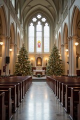 Fototapeta premium A grand cathedral interior decorated for Christmas with decorated fir trees by the altar. Wooden pews line the hall, ready for worshippers