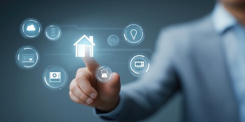 Businessperson using virtual smart home dashboard with glowing icons for lighting, temperature, security, and door locks. Ideal for home automation, IoT, and smart technology visuals