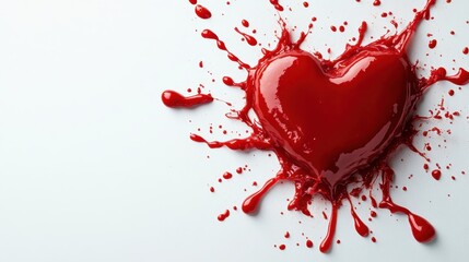 An artistic representation of a glossy red heart splattered on a pristine white background, symbolizing love, passion, and emotion through dynamic visual imagery.