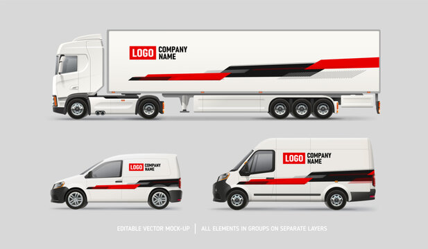 Vector Van, Truck trailer mockup with Red and black stripes design for branding and corporate identity. Racing sport livery design with bstract geometric graphics of red and black stripes 