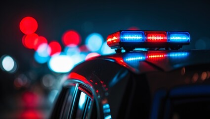Dramatic nighttime emergency scene featuring a police vehicle with flashing red and blue lights in urban environment