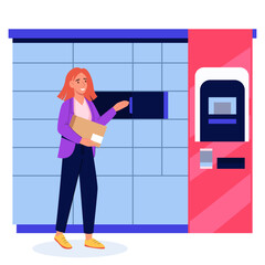 Woman receives or sends parcel in parcel locker. Vector illustration. Contactless delivery, pick up self-service concept