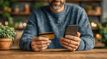 Man engaging in online shopping with smartphone and credit card