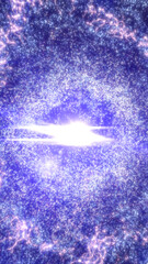 A glowing cosmic explosion in deep space, radiating with violet and blue energy particles forming a luminous circular wave